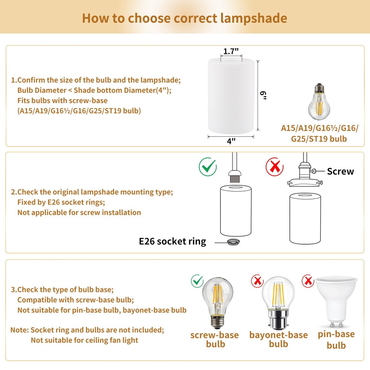 Golhom E26 socket compatible shade fits common bulb types.
