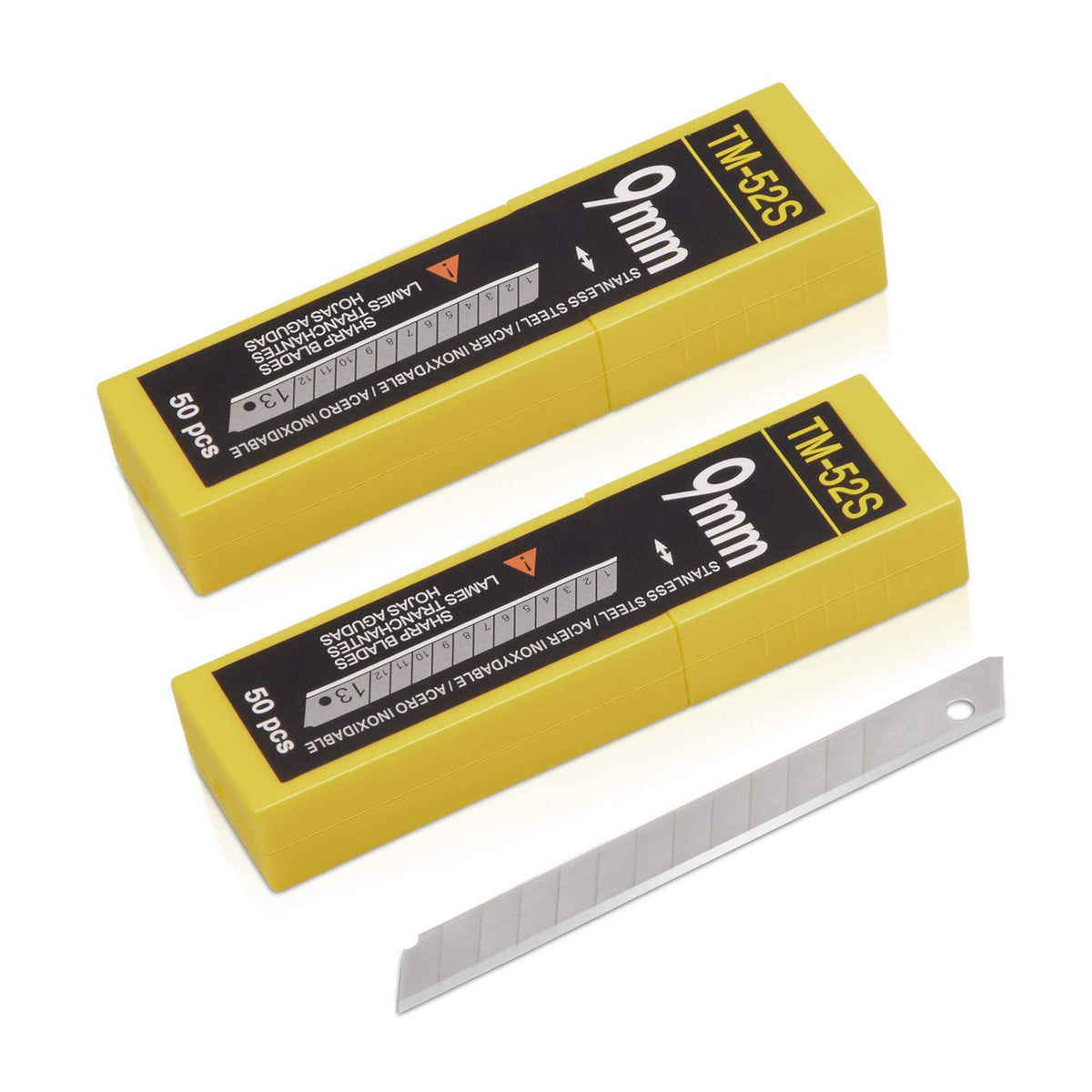 Gomake 9mm replacement blades stored in a hard plastic case for easy access.