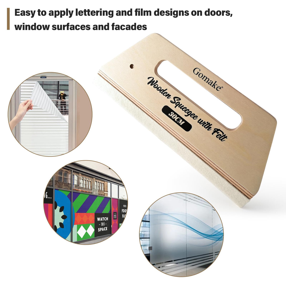 Gomake wide-application smoothing squeegee for doors, windows, facades, and floor graphics