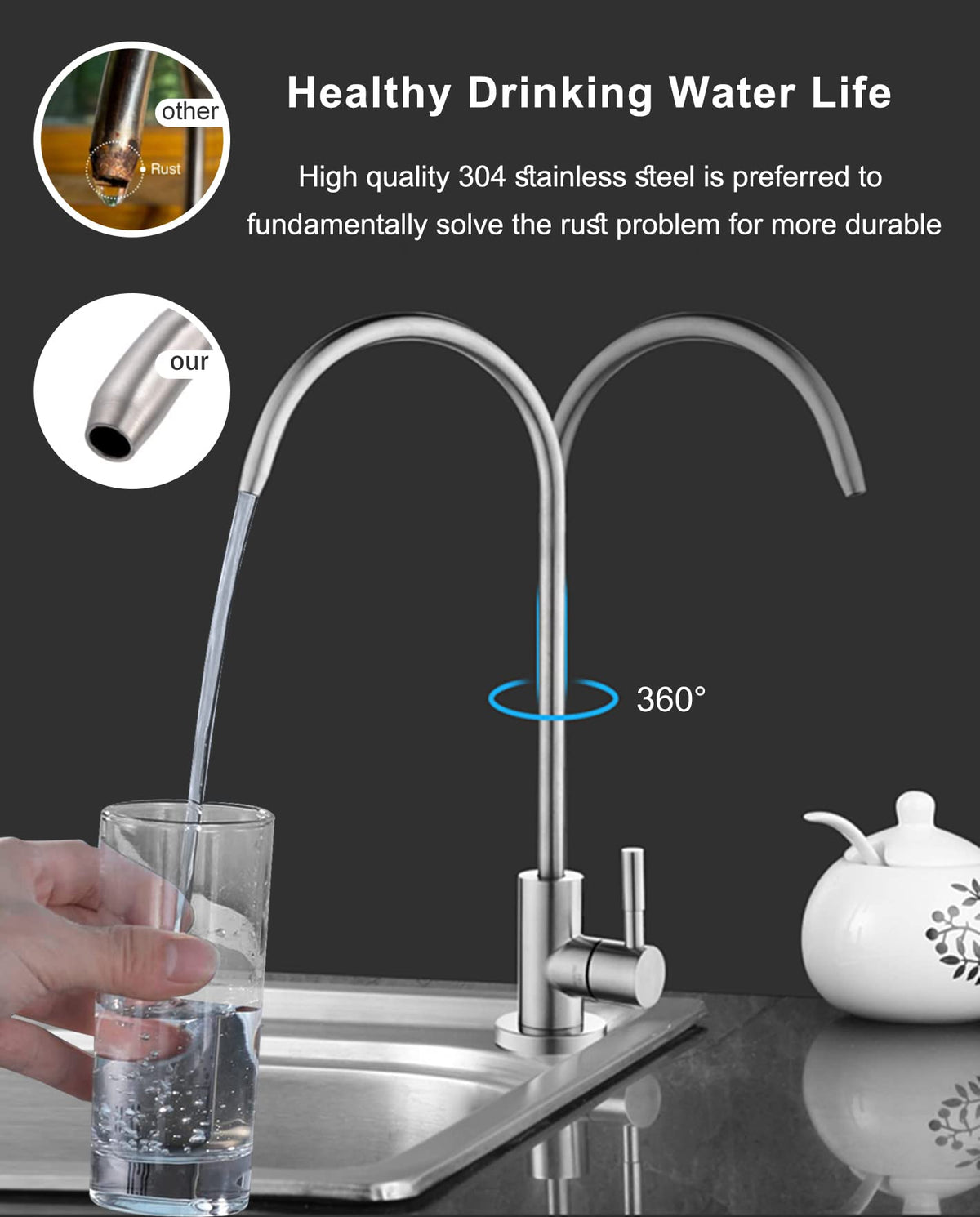 Gonabos 360-degree rotation kitchen faucet for flexible pours.