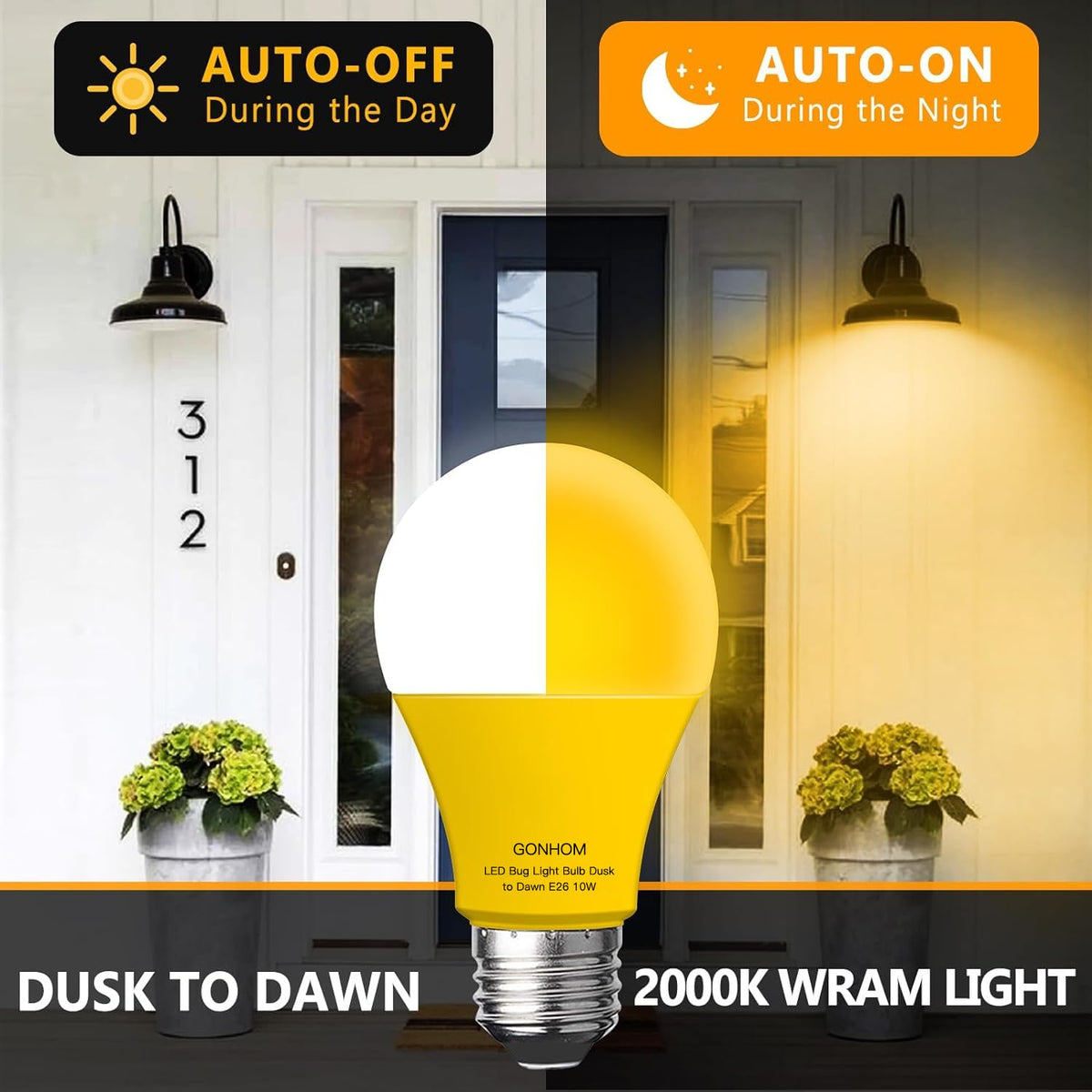 Gonhom outdoor amber LED porch light for insect-reducing exterior glow