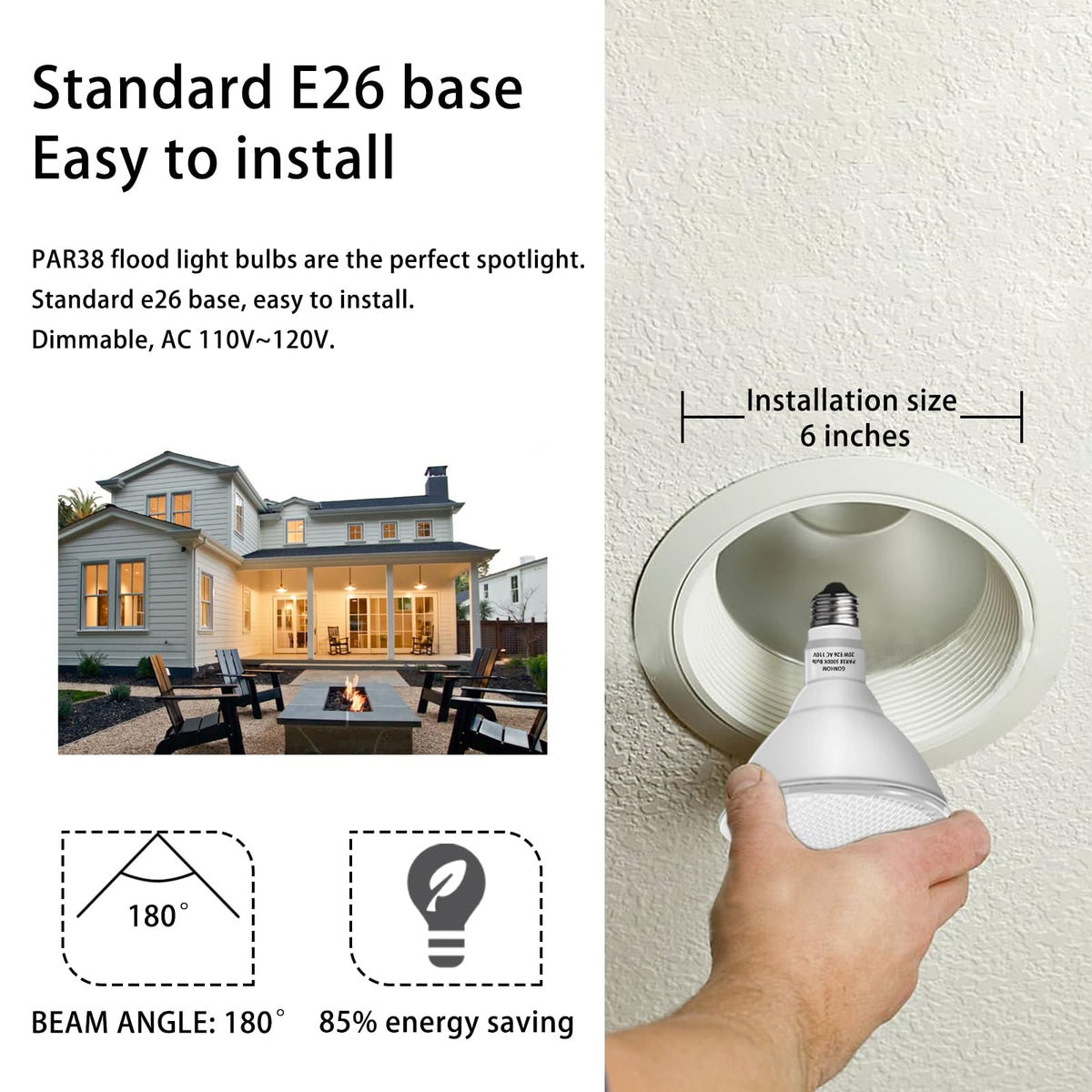 Gonhom Par38 20W flood light replaces 200W, boosting energy savings.