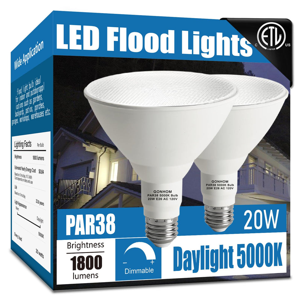 Gonhom Par38 LED flood light on a porch provides bright outdoor illumination.