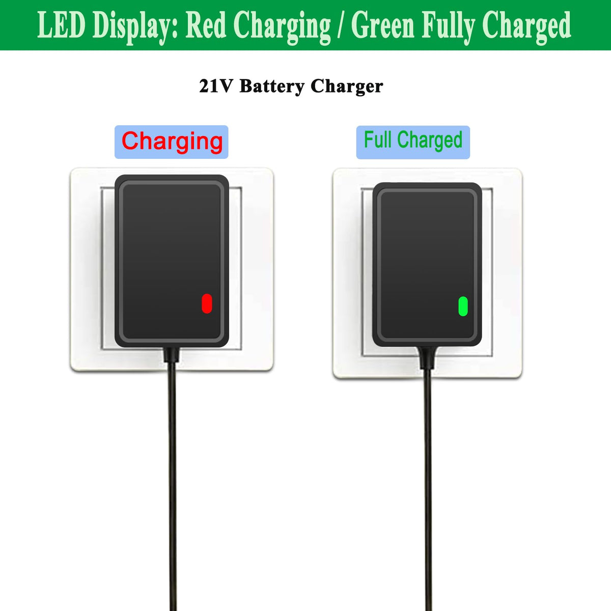 Gonine 21V charger round DC port fits standard connectors.