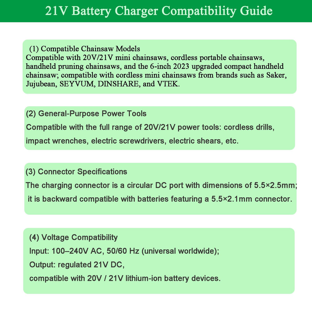 Gonine 21V charger side ports for universal compatibility with 20V/21V tools.