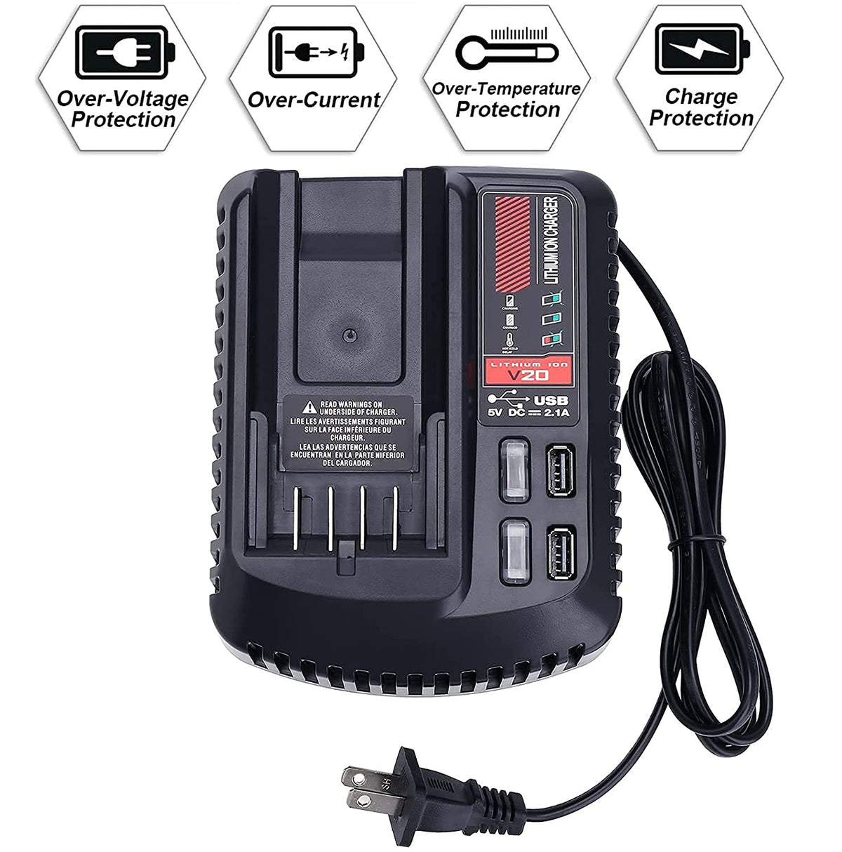 Gonocop CMCB104 V20 charger back view showing input and LED indicators