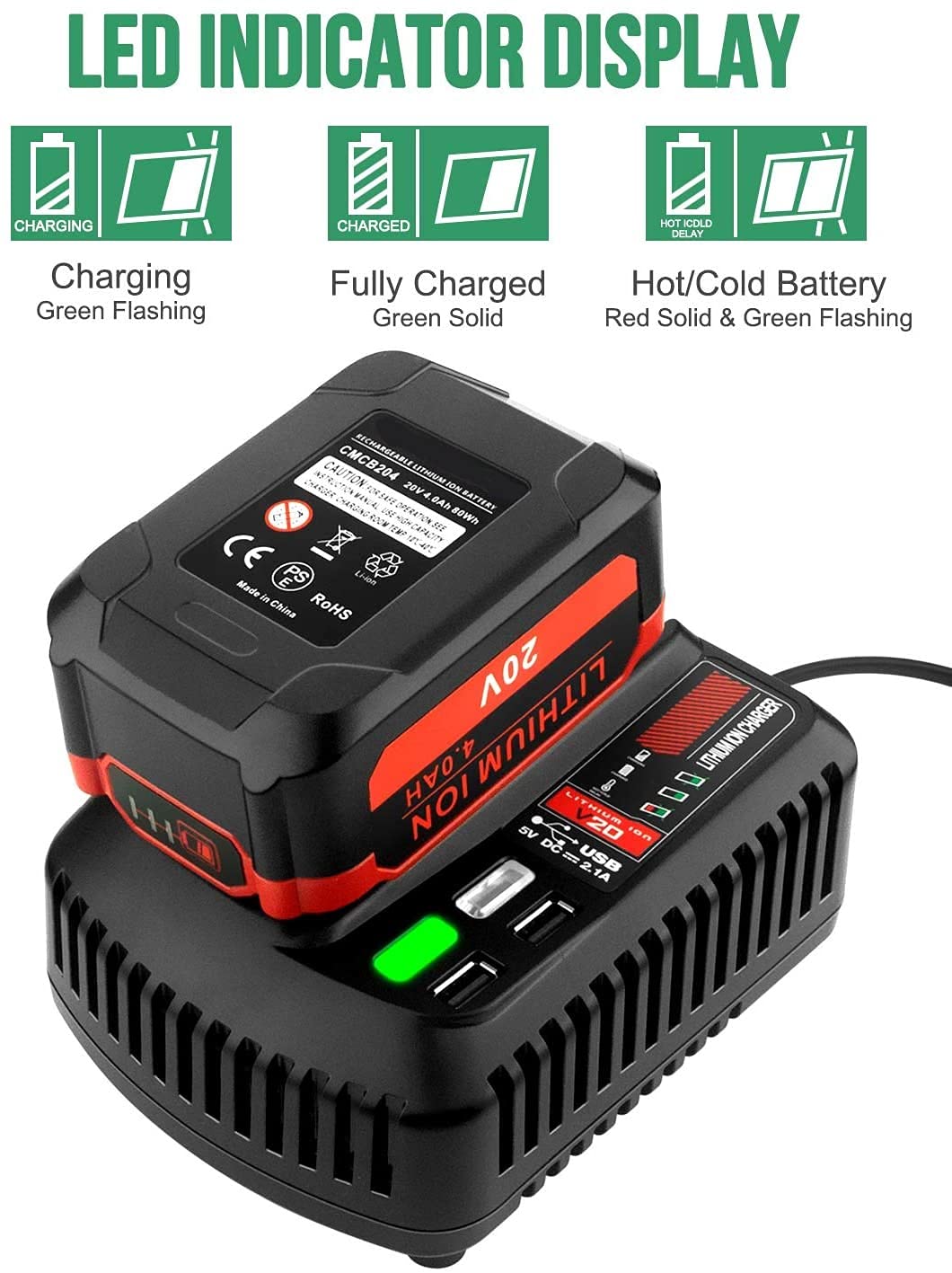 Gonocop CMCB104 V20 charger LED status indicators during charging