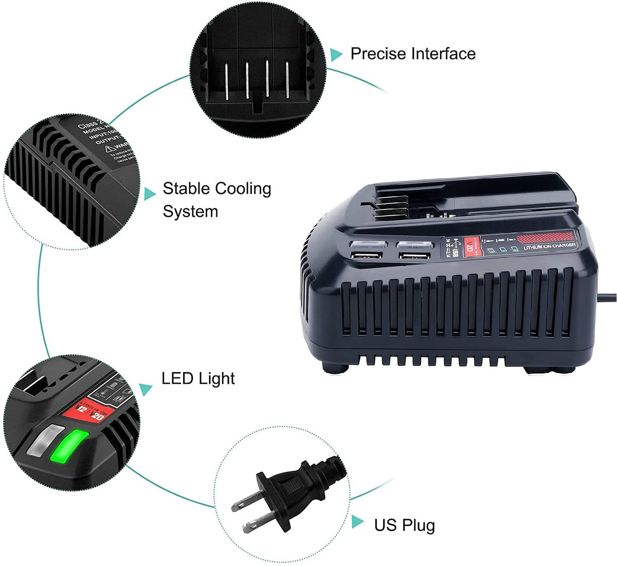 Gonocop CMCB104 V20 charger on workbench with Craftsman battery