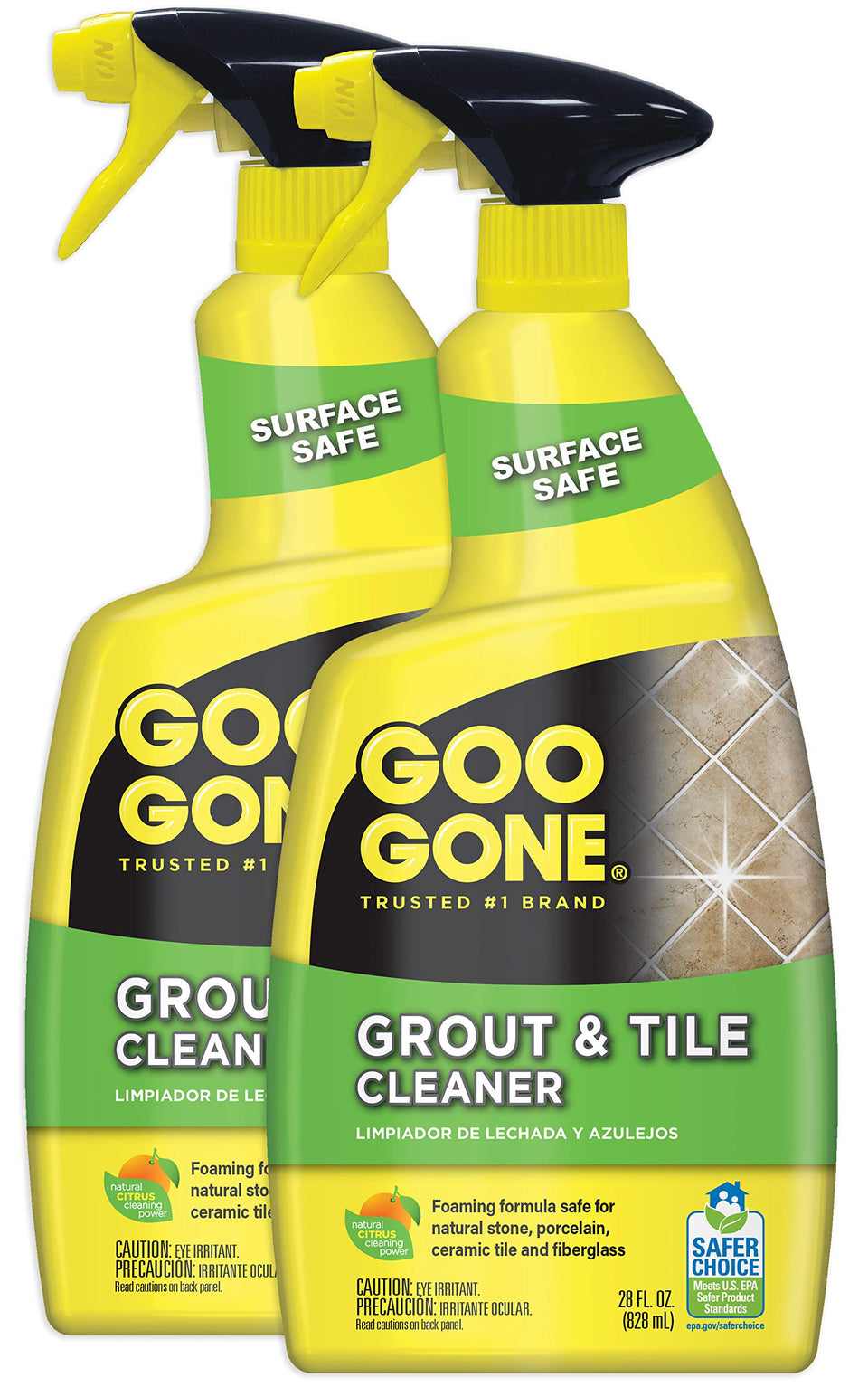 Goo Gone Grout & Tile Cleaner spray bottle targets tough grout stains