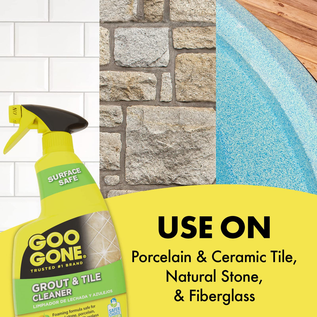 Goo Gone Grout & Tile Cleaner works on shower tiles and bathroom floors