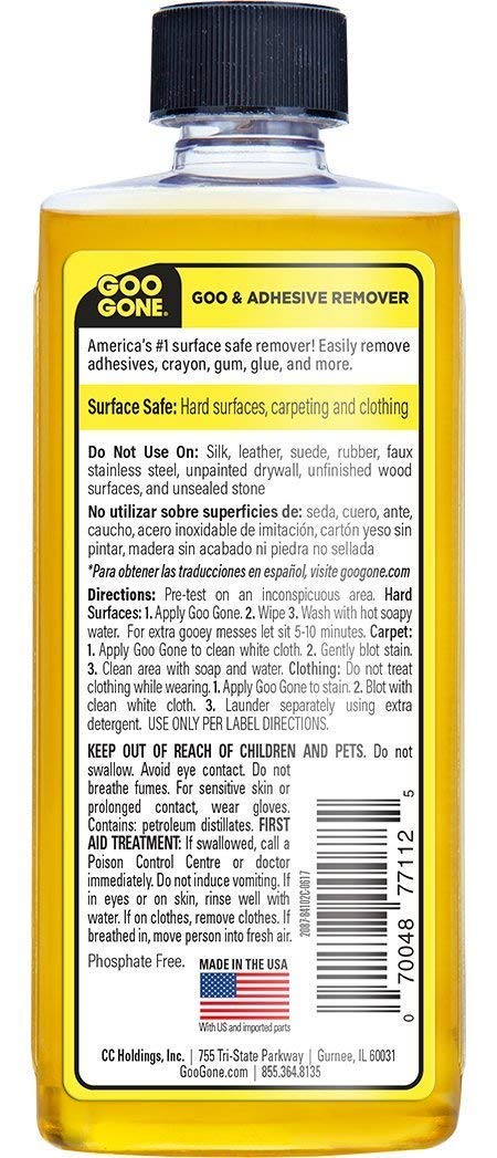 Goo Gone Original adhesive remover demonstrating label and sticker removal for household use