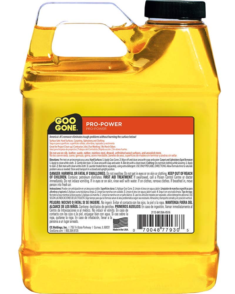 Goo Gone Pro-Power label close-up showing professional-strength formula.