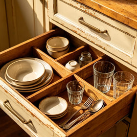 Goo-Ki wardrobe drawer pull adds timeless antique brass charm.