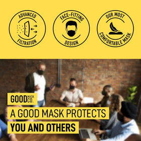 Good Mask Co 95 filtration emphasizes strong air particle filtration for daily activities
