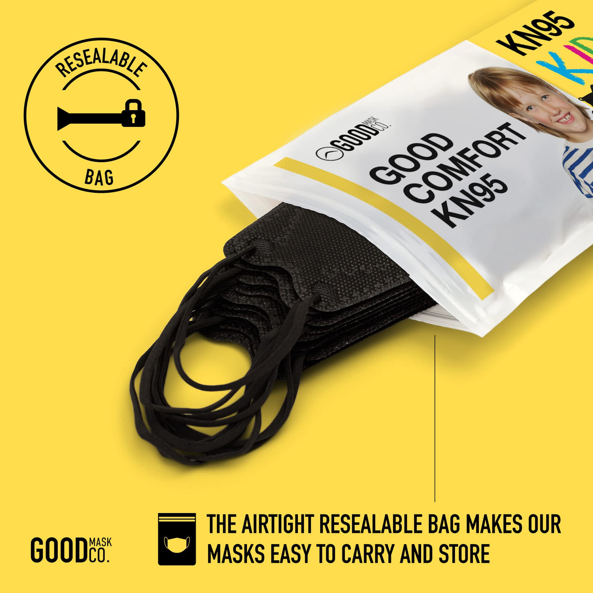 Good Mask Co. Black KN95 kids mask in pocket suggests everyday concealment and readiness.
