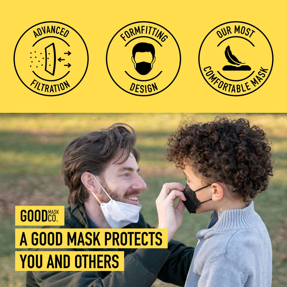 Good Mask Co. Good Comfort KN95 kids mask bulk pack box showcases convenient daily replacements.