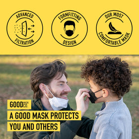 Good Mask Co. Good Comfort KN95 kids mask bulk pack box showcases convenient daily replacements.