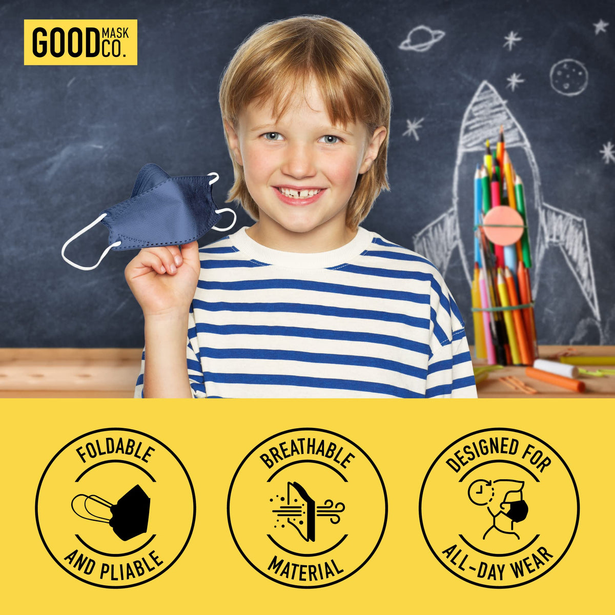 Good Mask Co. Disposable kids mask in blue for quick daily replacements.
