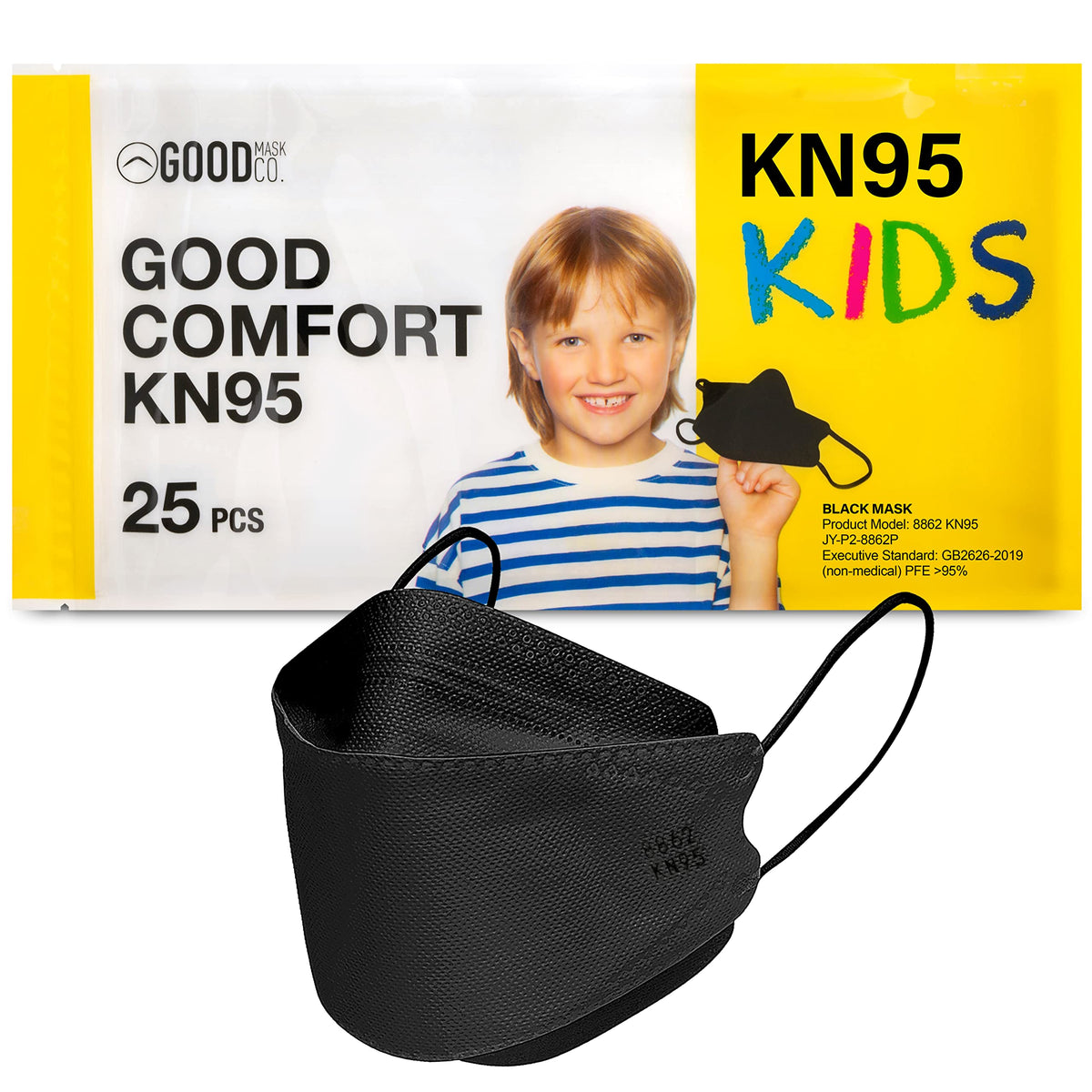 Good Mask Co. Good Comfort KN95 kids mask front view offers snug, breathable protection.