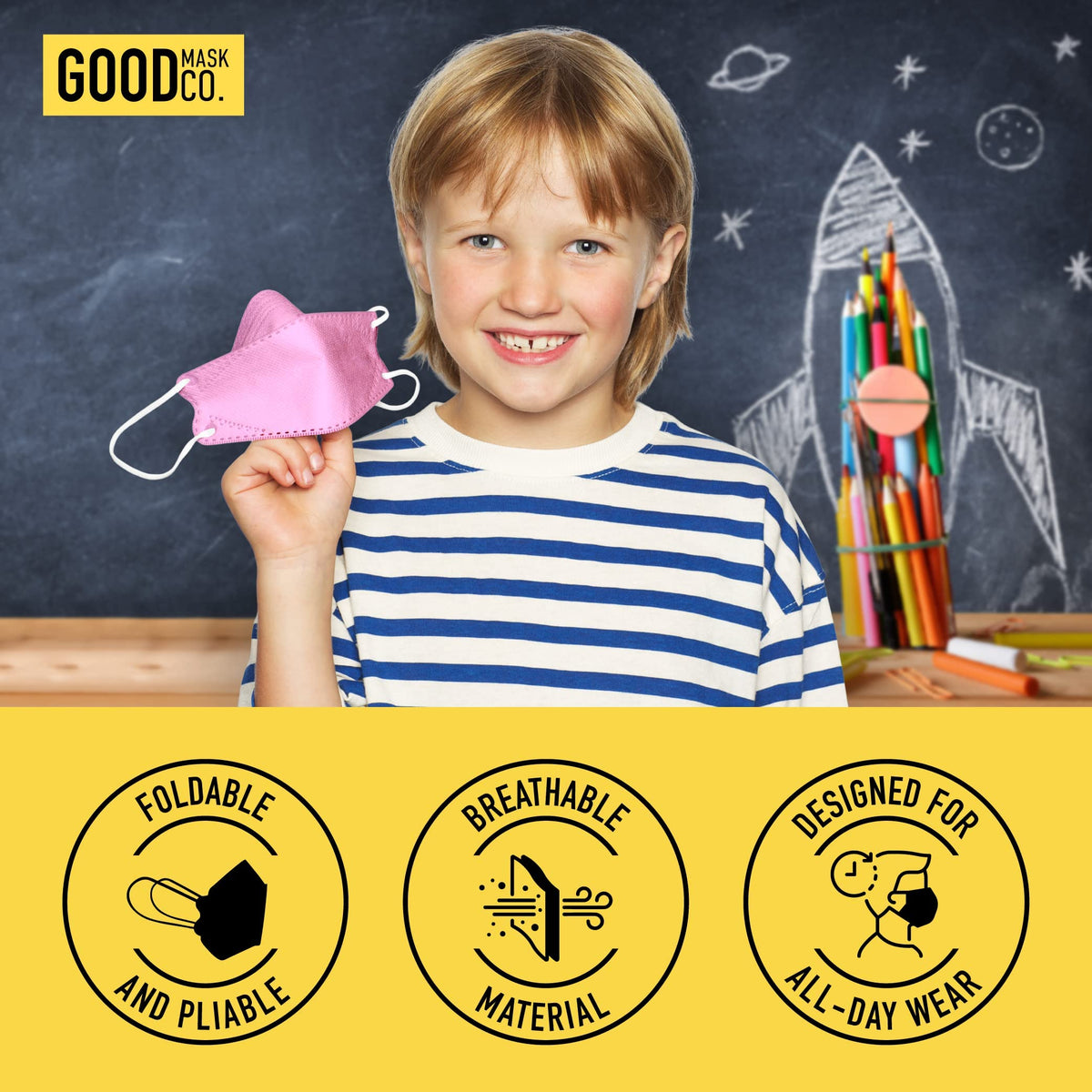 Good Mask Co. Good Comfort Kids KN95 pink foldable design for compact carry