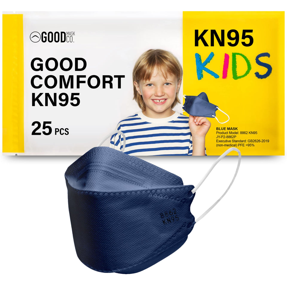 Good Mask Co. Good Comfort Kids mask pack of 25 in blue for daily school wear.