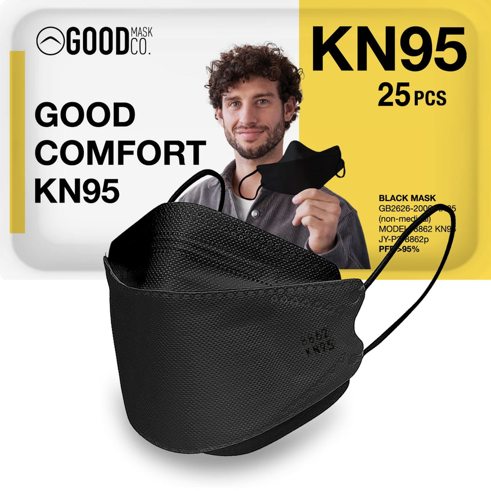 Good Mask Co Good Comfort KN95 mask folding black front view for easy storage
