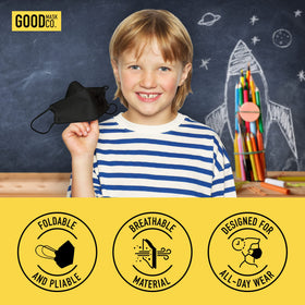 Good Mask Co. Good Comfort KN95 kids mask ear loops close-up show soft, durable fit.