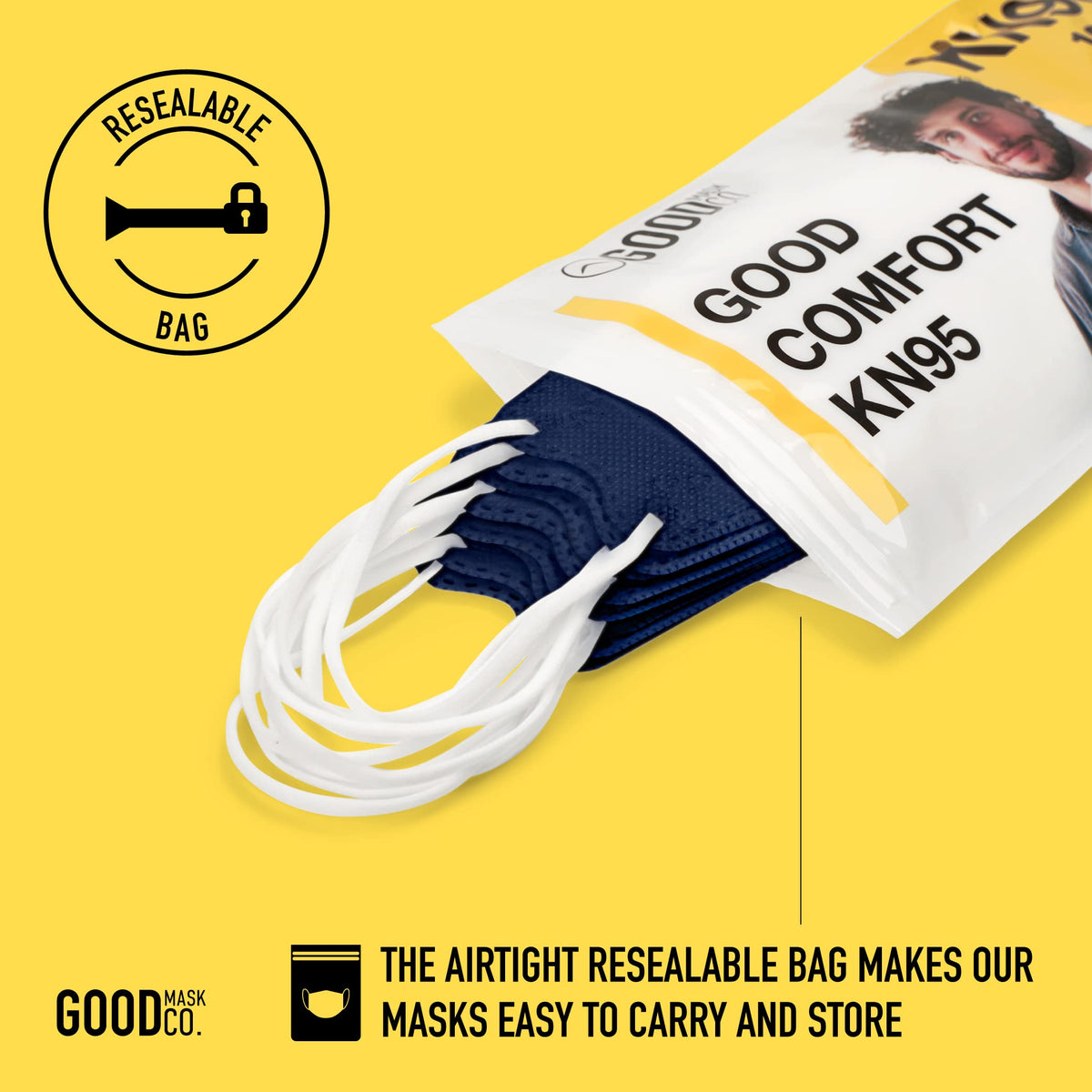 Good Mask Co. Comfortable material with soft ear loops fosters easy day-long use.