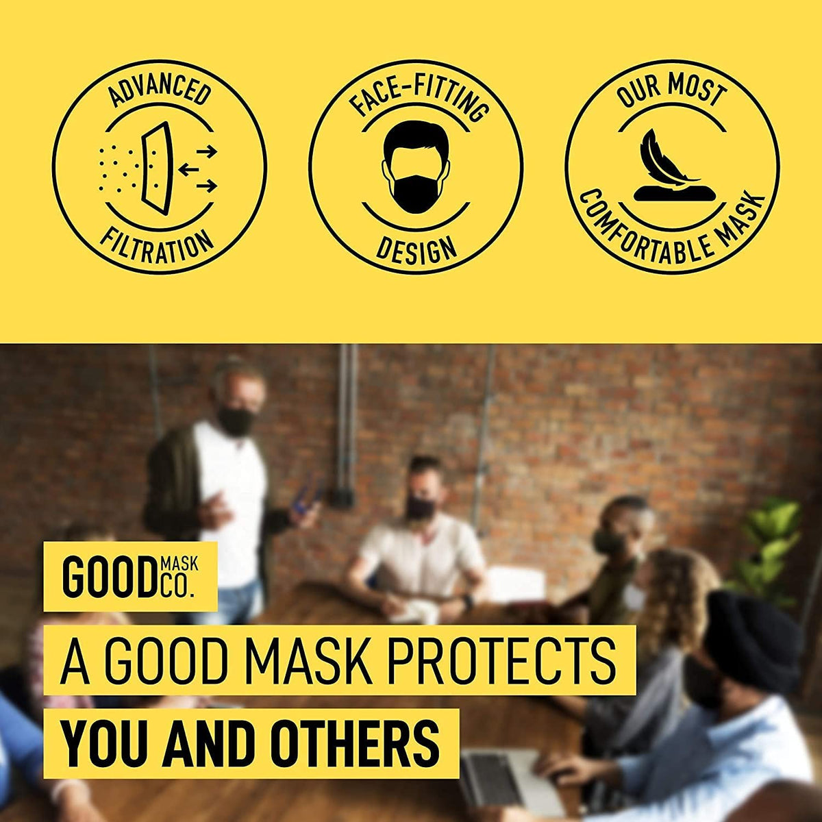 Person wearing Good Mask Co KN95 with ear loops and nose clip for secure fit