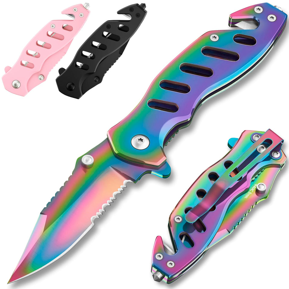 GOOD WORKER legal rainbow pocket knife with glass breaker for everyday carry