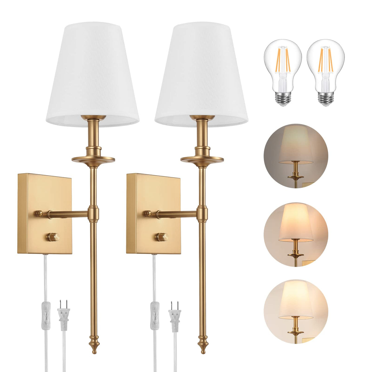 GOODATE dimmable wall sconce with brass finish and white fabric shade for cozy lighting.