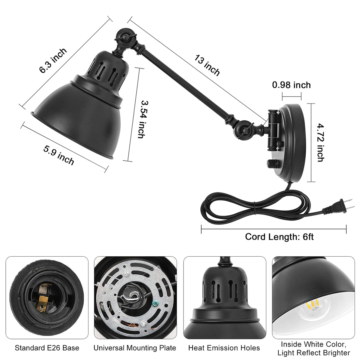 GOODATE black metal finish wall light with white interior for brighter reflection.