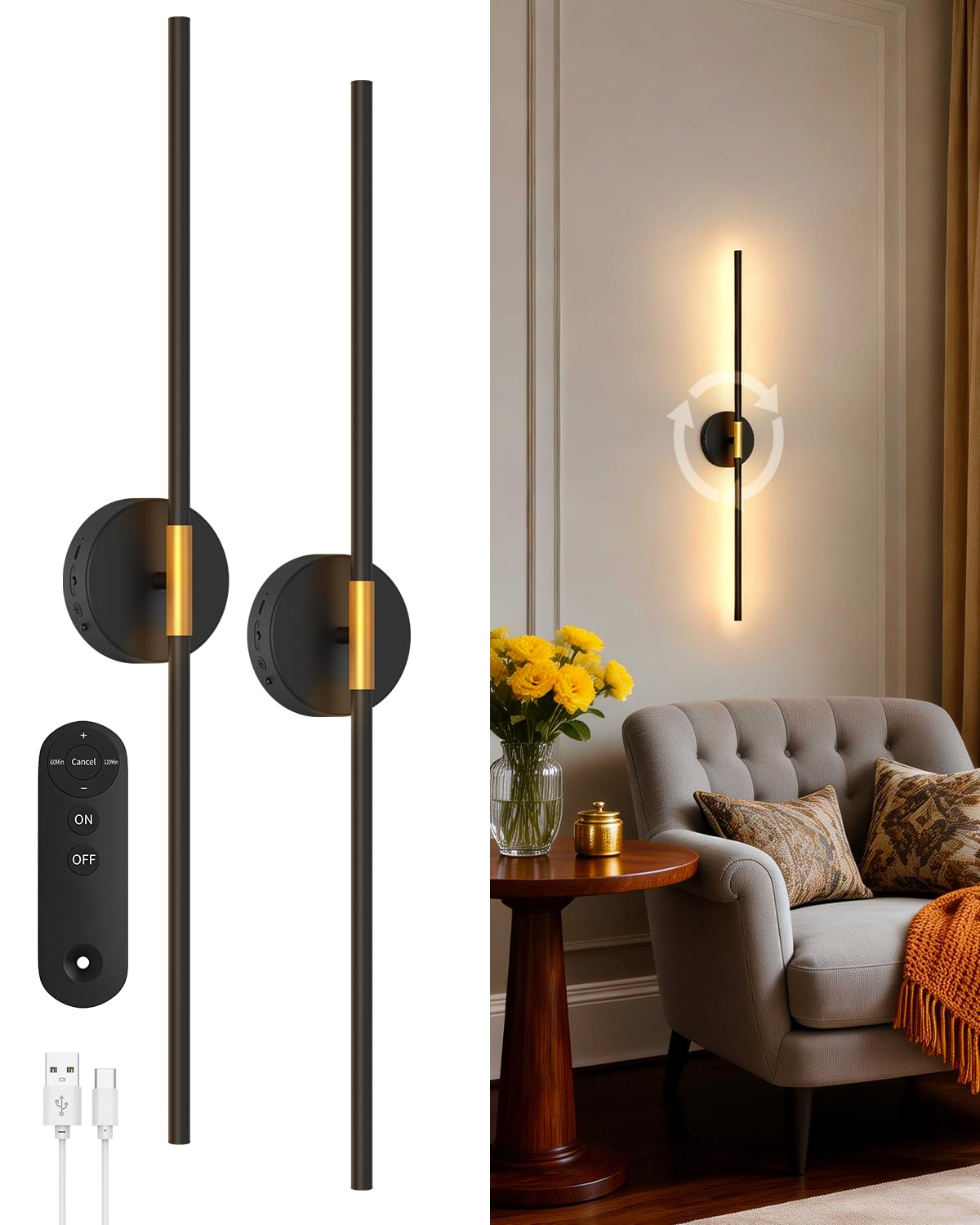Goodea battery-operated wall sconce with 360° rotation for flexible, glare-free lighting.