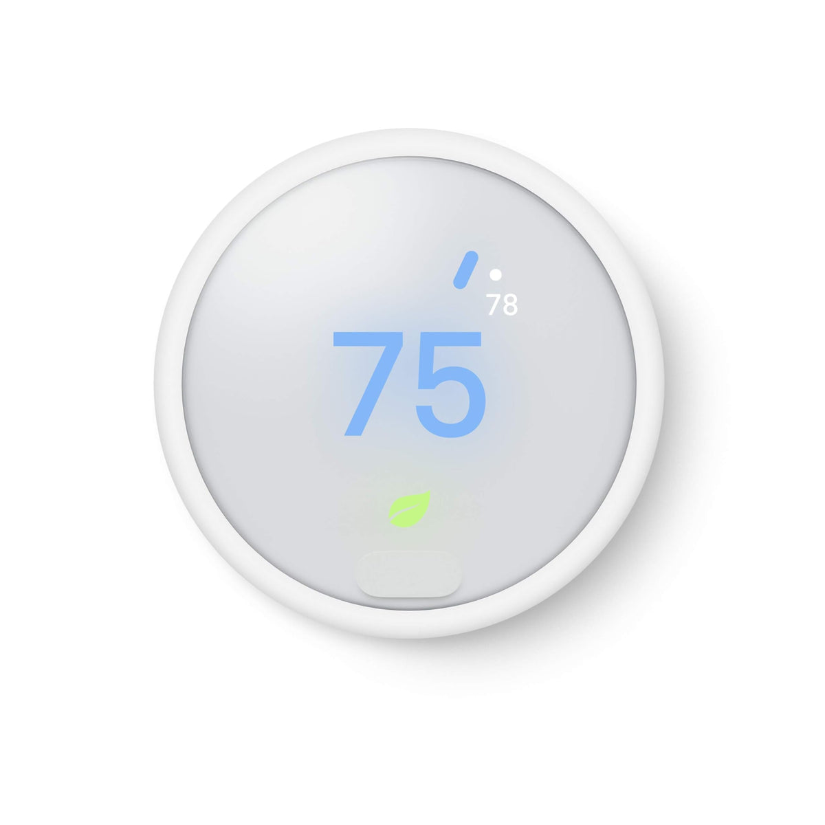 Nest Thermostat E display detail highlights temperature and Leaf indicator.