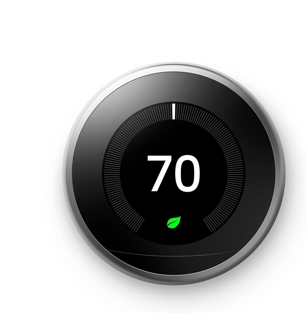 Google Nest Learning Thermostat front view shows a sleek stainless finish and modern controls for a streamlined look.