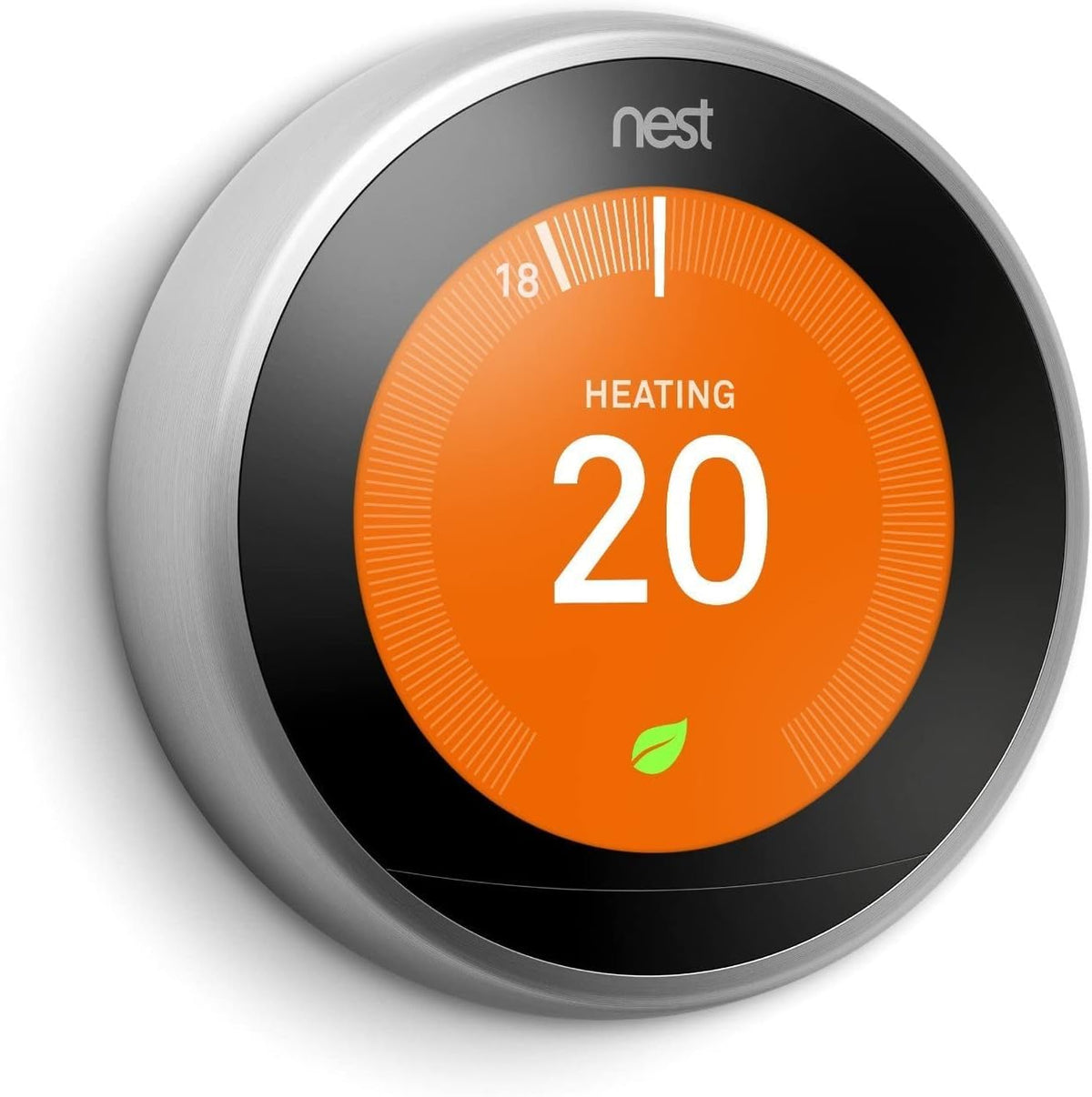 Google Nest Learning Thermostat side profile emphasizes slim design and stainless steel finish for modern homes.