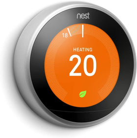 Google Nest Learning Thermostat side profile emphasizes slim design and stainless steel finish for modern homes.