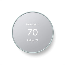 Google Nest Thermostat Fog front view illustrates a sleek, energy-saving control.