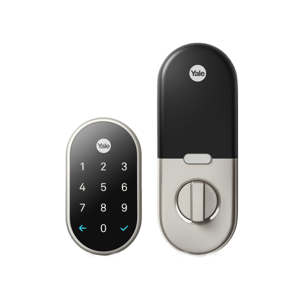 Google Nest x Yale Lock on front door with keypad for keyless entry.