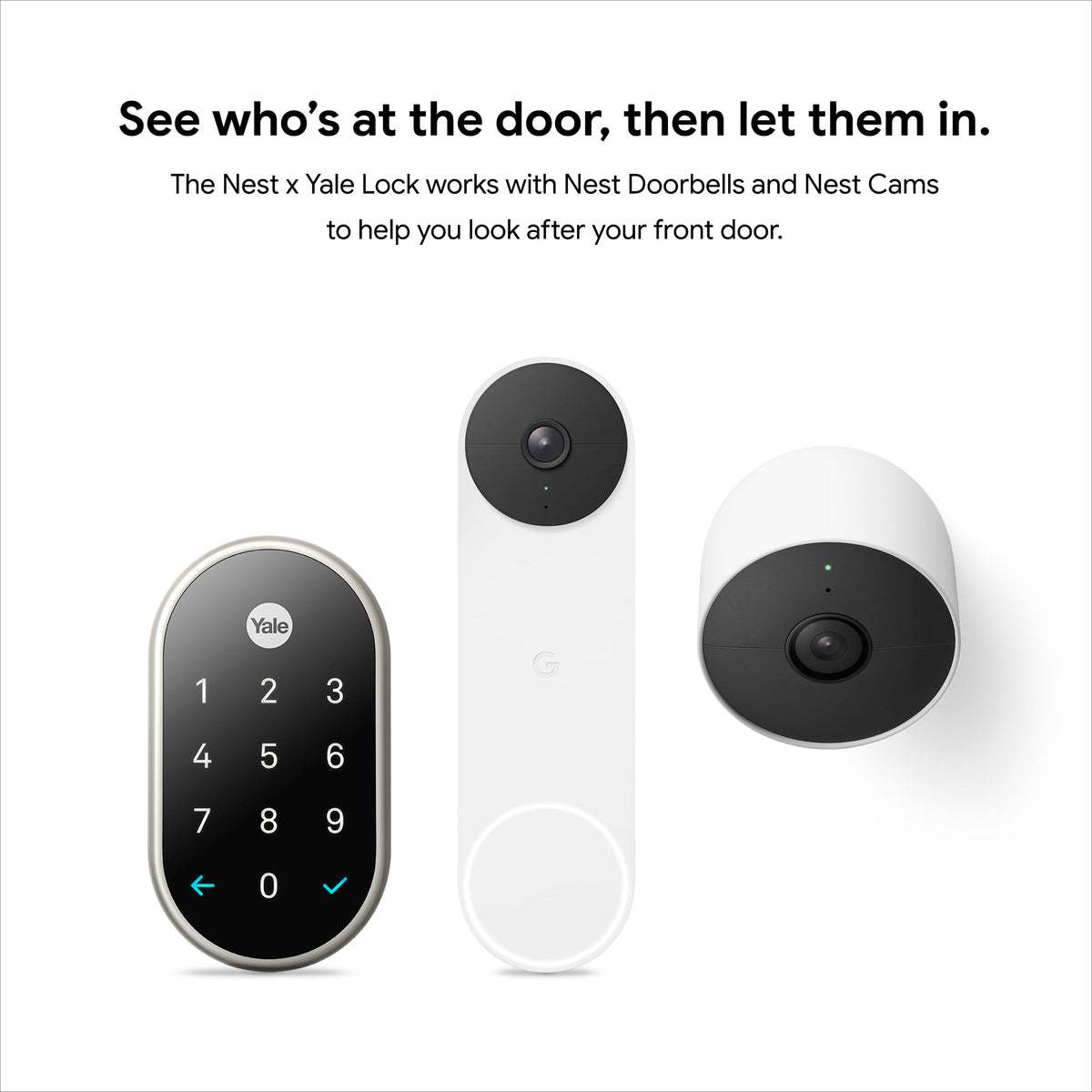 Satin nickel finish of Google Nest x Yale Lock on modern door.