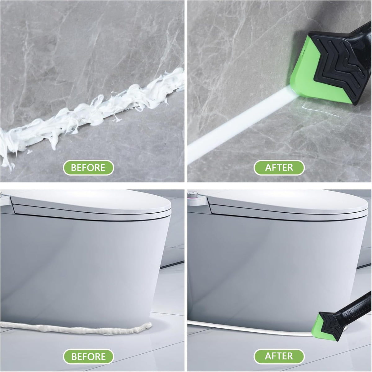 Goopreen stainless steel blade used for caulk removal on tiles.