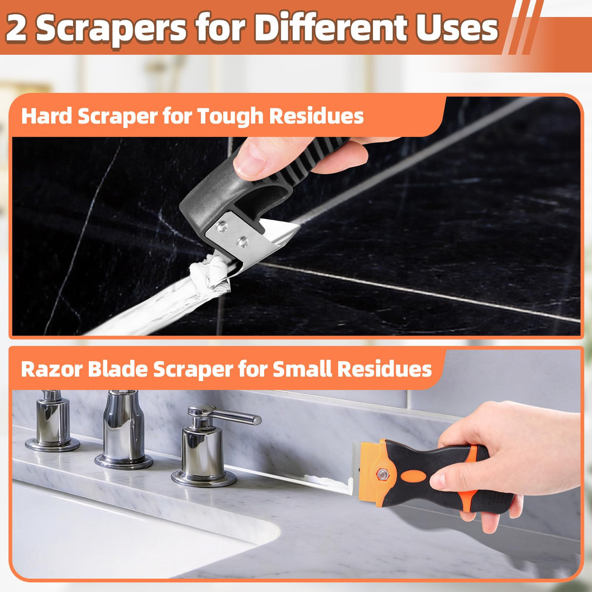 Goopreen stainless steel scraper head removes stubborn old caulk.