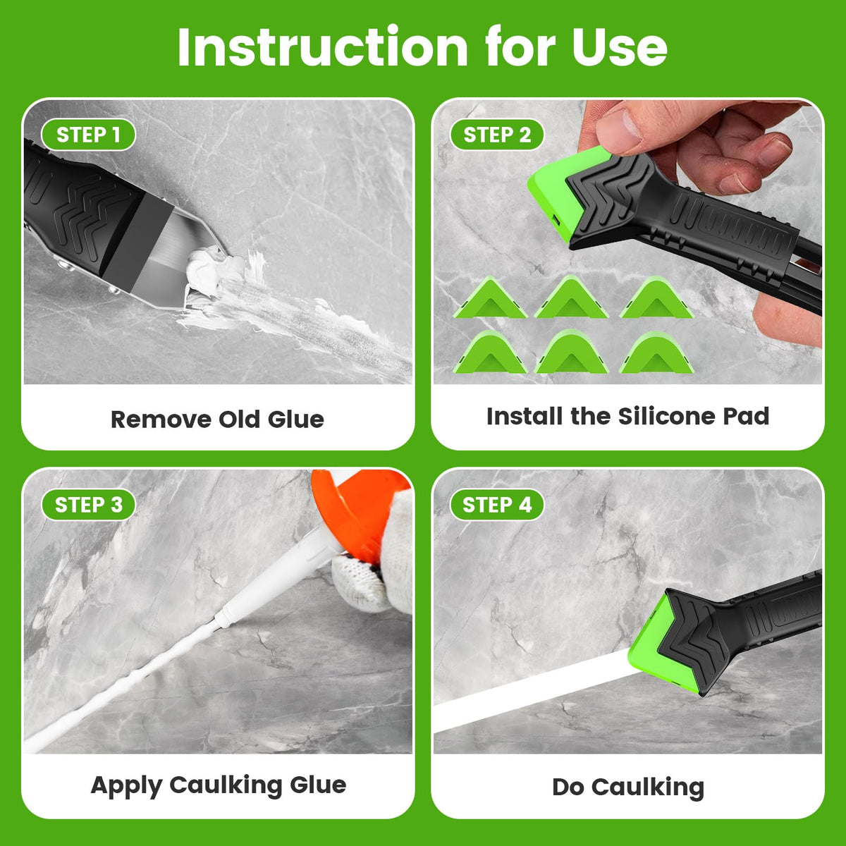 Goopreen stainless steel scraper demonstrates durable caulk removal