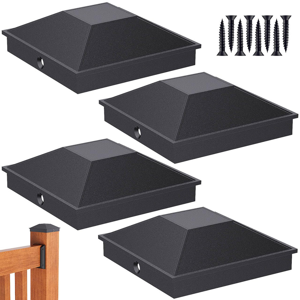 Goovilla 4x4 post cap black top view protecting a wood post
