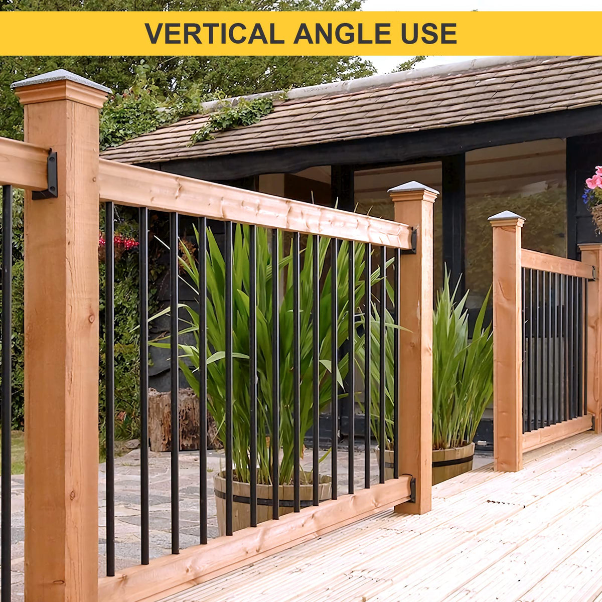 Goovilla deck connection near wood posts creates a clean, professional look.
