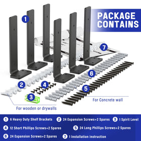 Goovilla six-pack of black iron shelf brackets for home projects.
