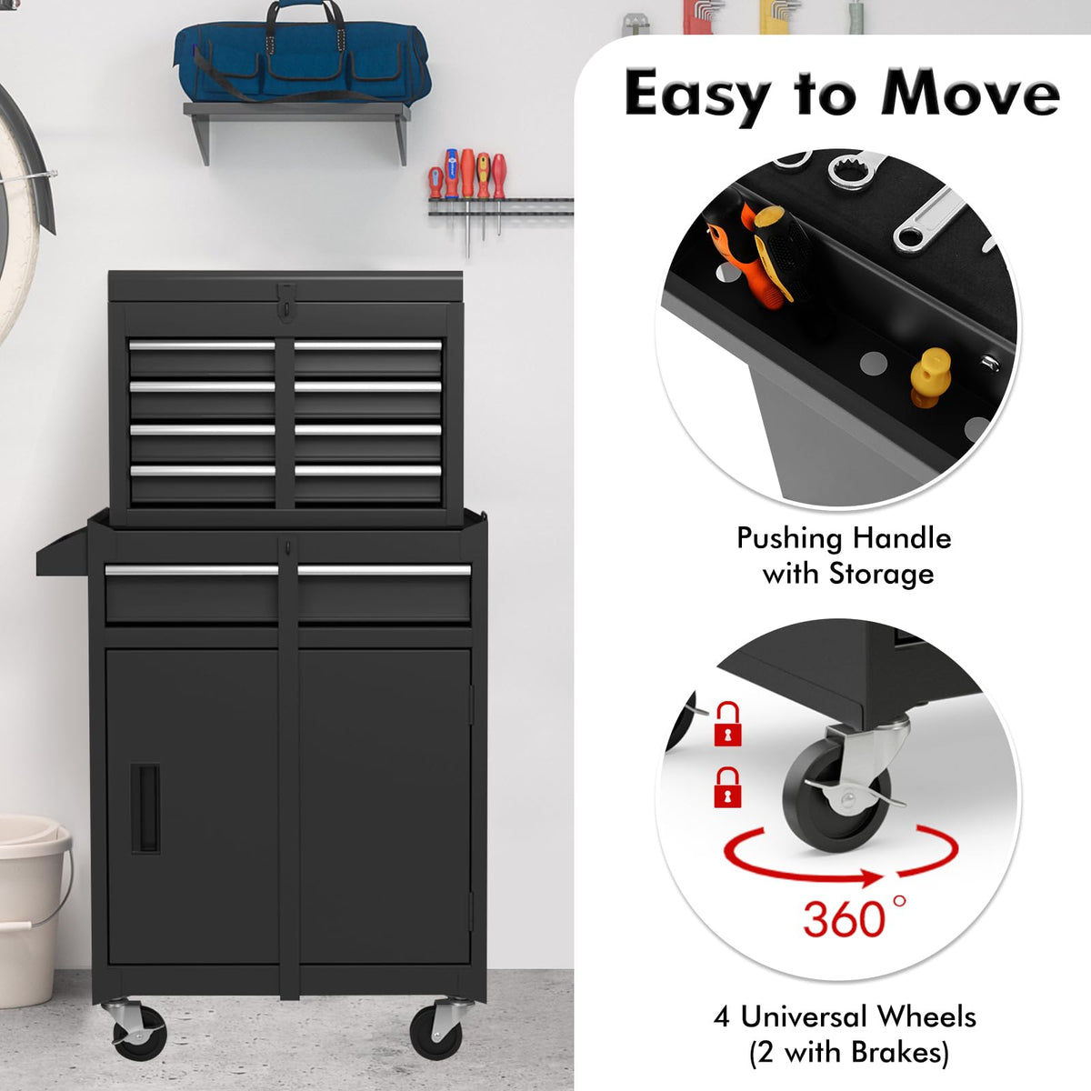 Goplus rolling chest with wheels enables easy relocation around the workshop.