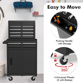 Goplus rolling chest with wheels enables easy relocation around the workshop.