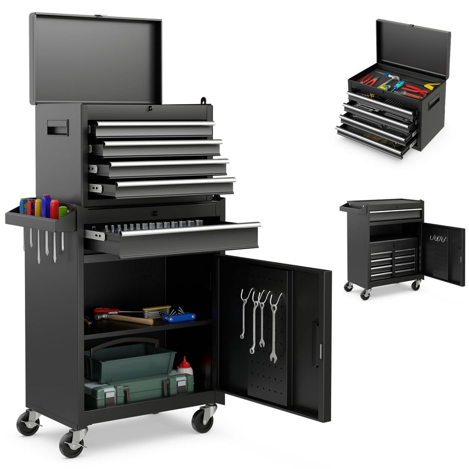 Goplus tool chest with 5 drawers keeps tools neatly organized for quick access.