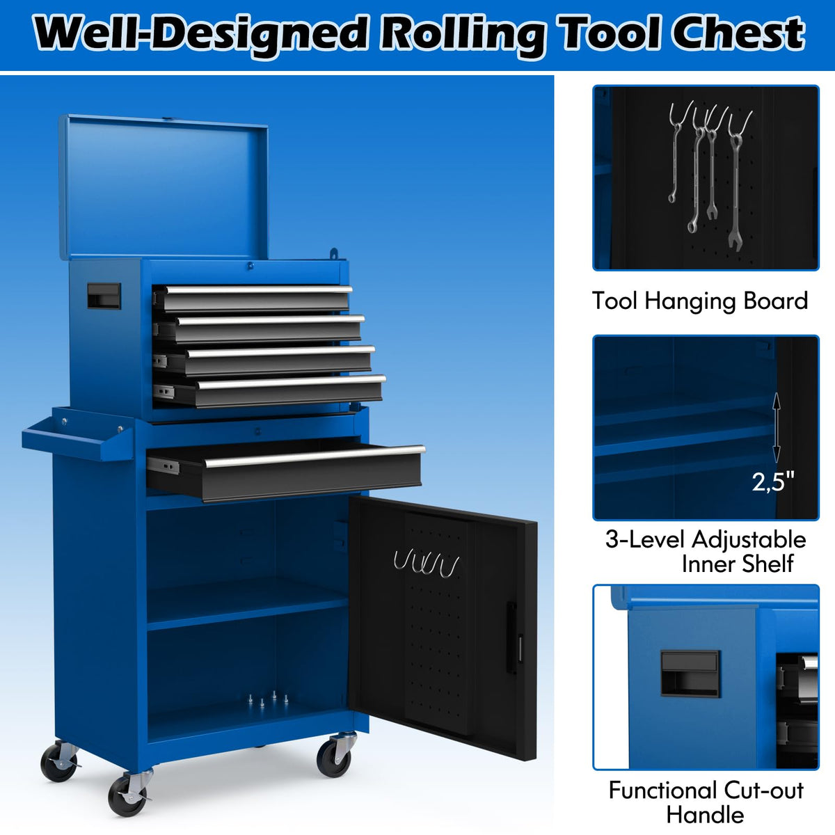 Goplus bottom shelf adjustable for bulky equipment.